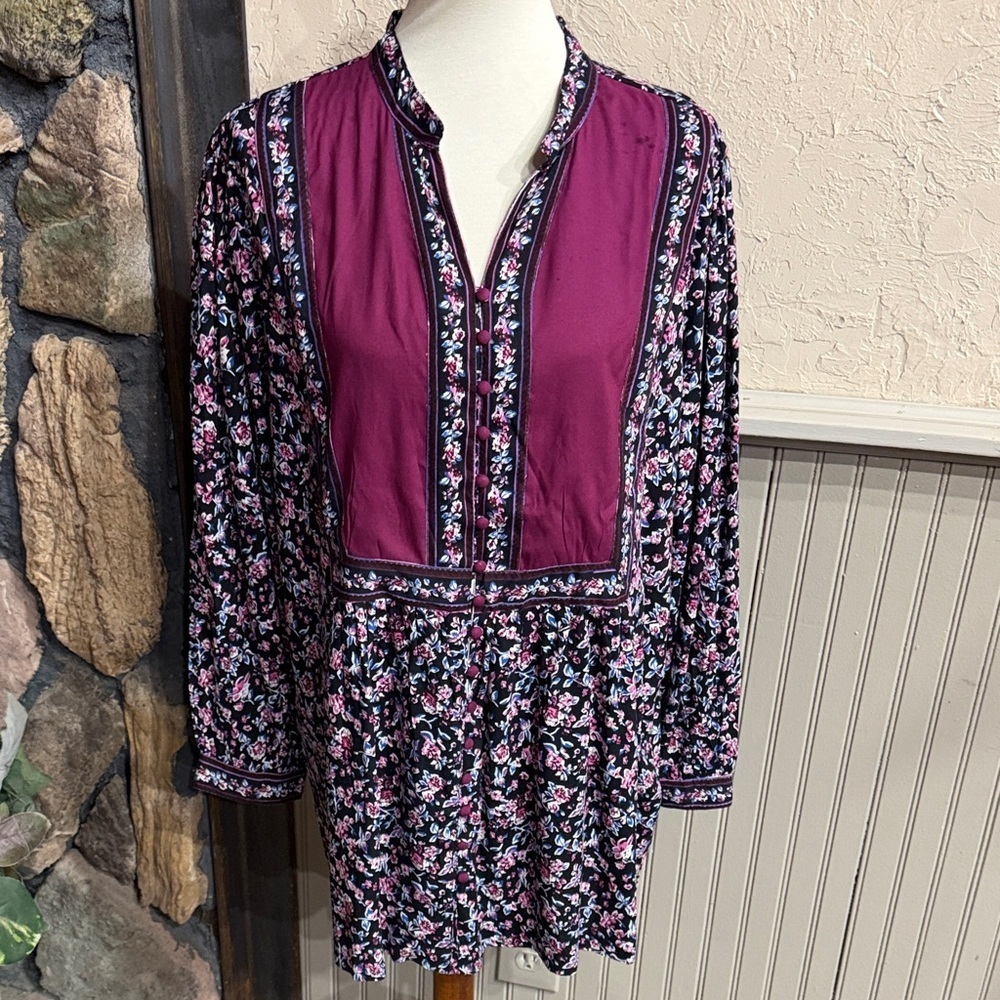 Woman Within Purple and Black Floral Blouse